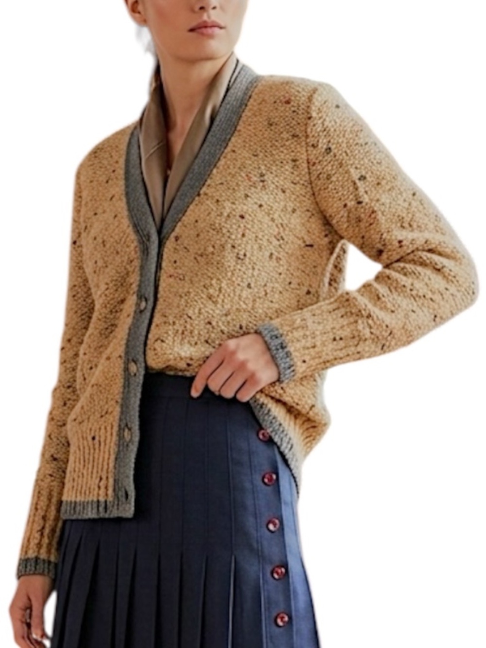 Old money thick knit wool alpaca blend tan grey fuzzy boxy grandpa cardigan S